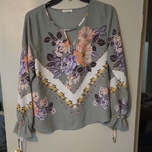 Maurices Sage Floral Keyhole Blouse with Purple and Peach Flowers